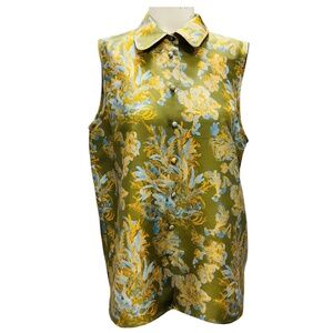 LAFAYETTE 148 NEW YORK CHIVE MULTI SLEEVELESS FLORAL PRINT BUTTON DOWN BLOUSE
